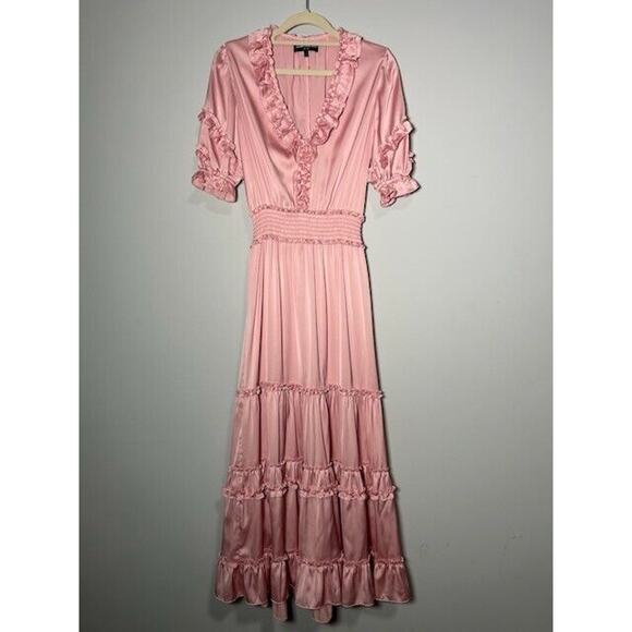 Generation Love Womens Fleur Satin Midi Dress Ruffle Tiered Pastel Pink Sz 3/S - Picture 2 of 9